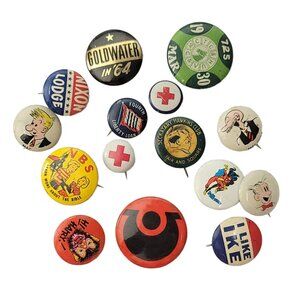 Lot of Buttons Pins Vintage Ike, NIXON Lodge, Goldwater in '64, Dagwood And More